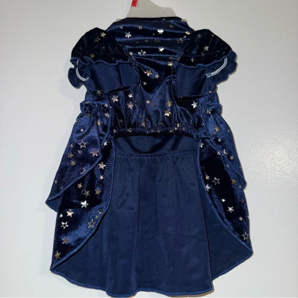 🆕 Paws for the Season Navy BlueVelour Dog Dress w/ Silver Stars Size Small